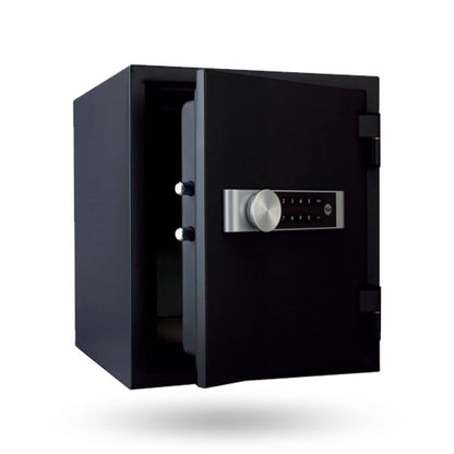 Side of black Yale Large Fire Safe with door open