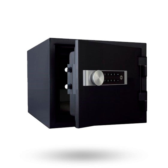 Side of black Yale Medium Fire Safe with door open