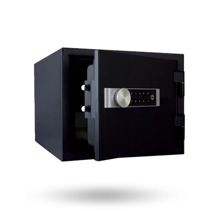 Side of black Yale Medium Fire Safe with door open