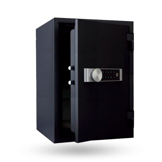 Side of black Yale Xtra Large Fire Safe with door open.