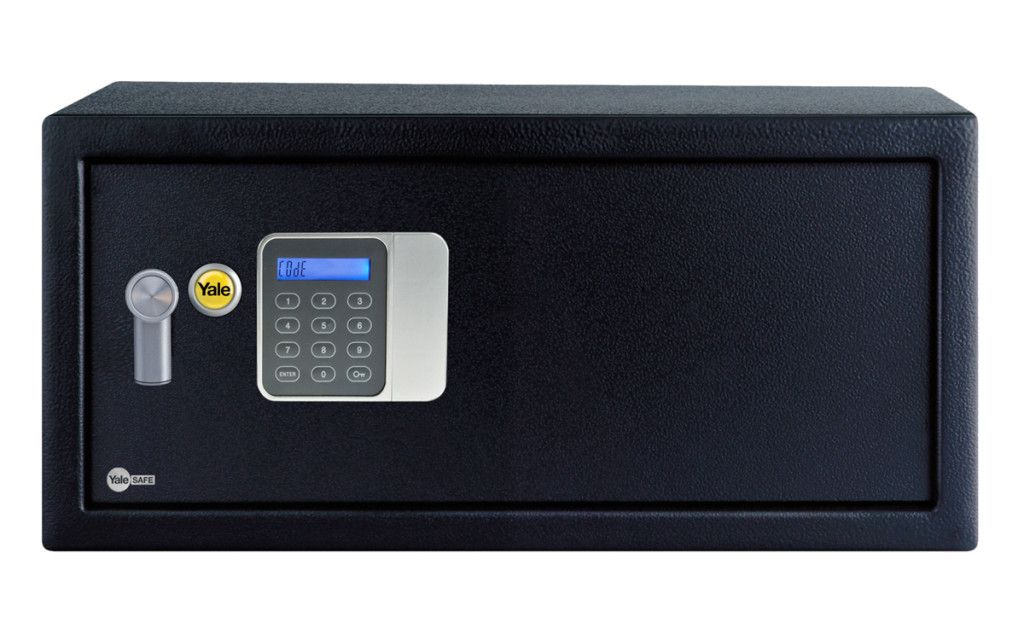 Front of black Yale Guest Safe with digital keypad.