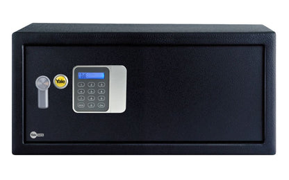 Front of black Yale Guest Safe with digital keypad.