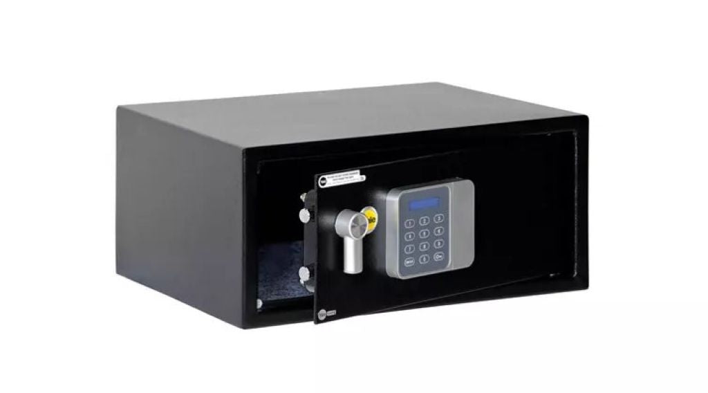 Side of black Yale Medium Safe with door open.
