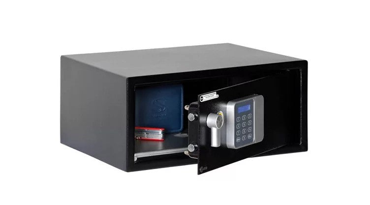 Black safe with open door revealing a blue container and red item on a white background