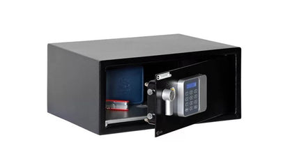 Black safe with open door revealing a blue container and red item on a white background