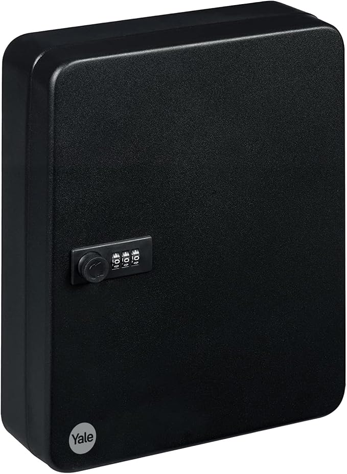 Front of Yale Black Small key safe with a combination lock.