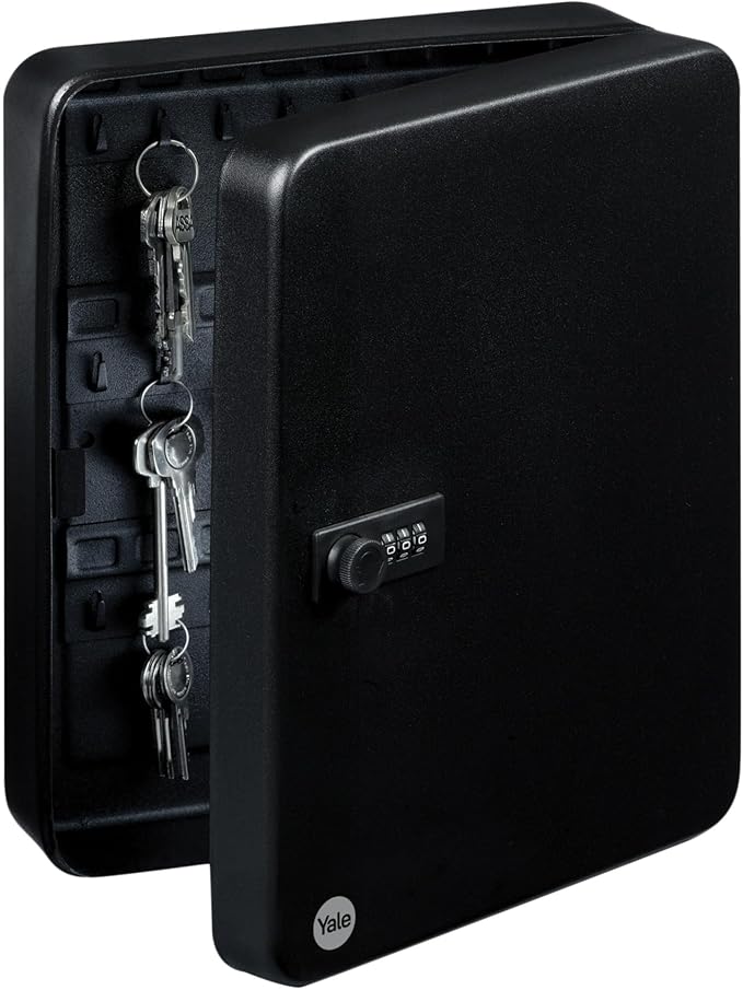 Yale Black Small Combination Lock Key Safe open with keys inside.