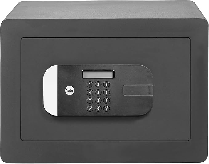 Front of black Yale Maximum Security Home safe with digital keypad.