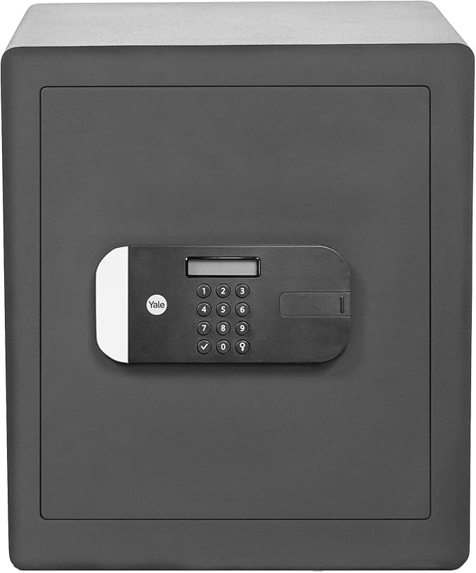 Front of black Yale Maximum Security Office safe with digital keypad.