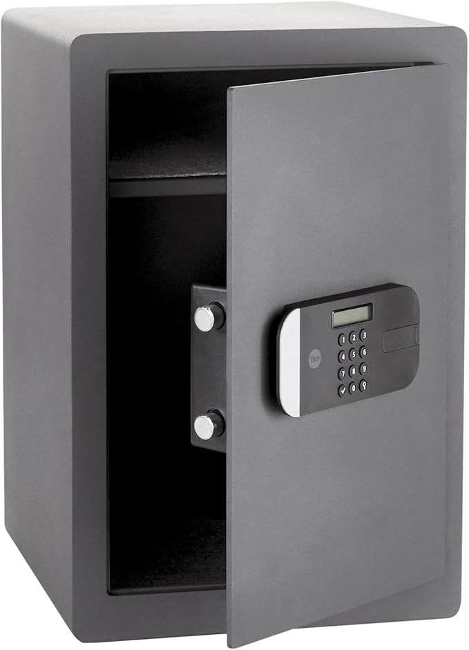 Gray safe with open door and digital keypad