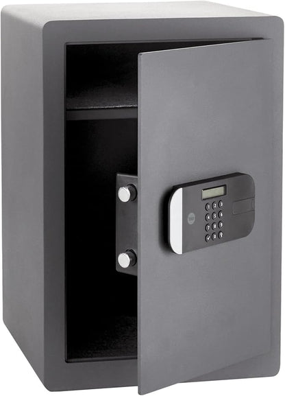 Gray safe with open door and digital keypad