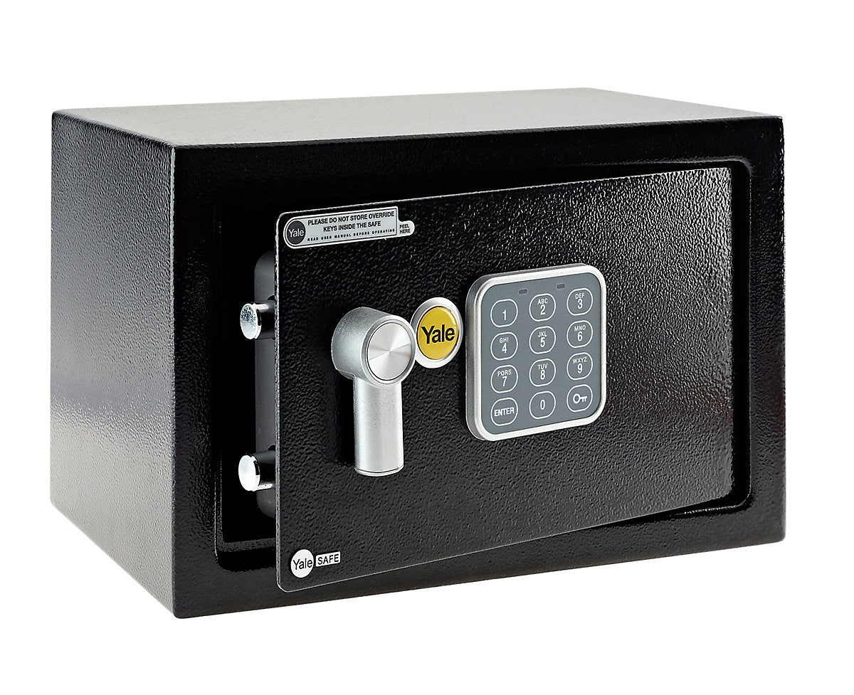Side of black Yale Medium Safe with door open.