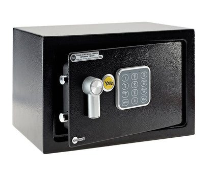 Side of black Yale Medium Safe with door open.
