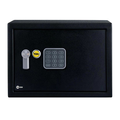 Front of black Yale Medium Safe with digital keypad.