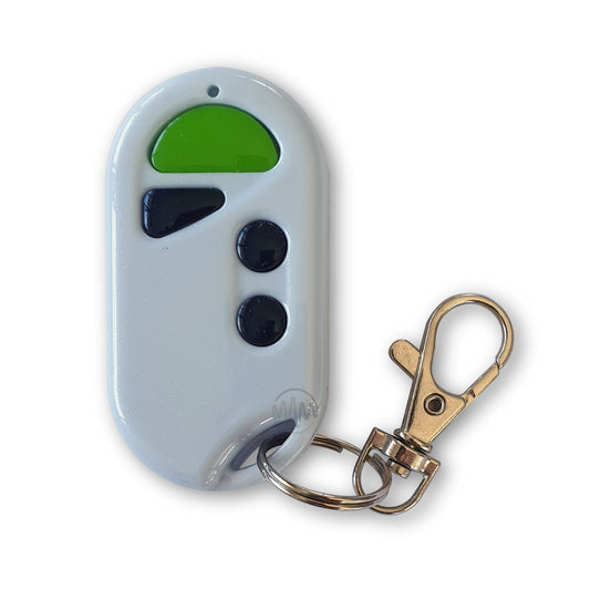 White ACDC garage door remote with 1 large green button & 3 small black buttons