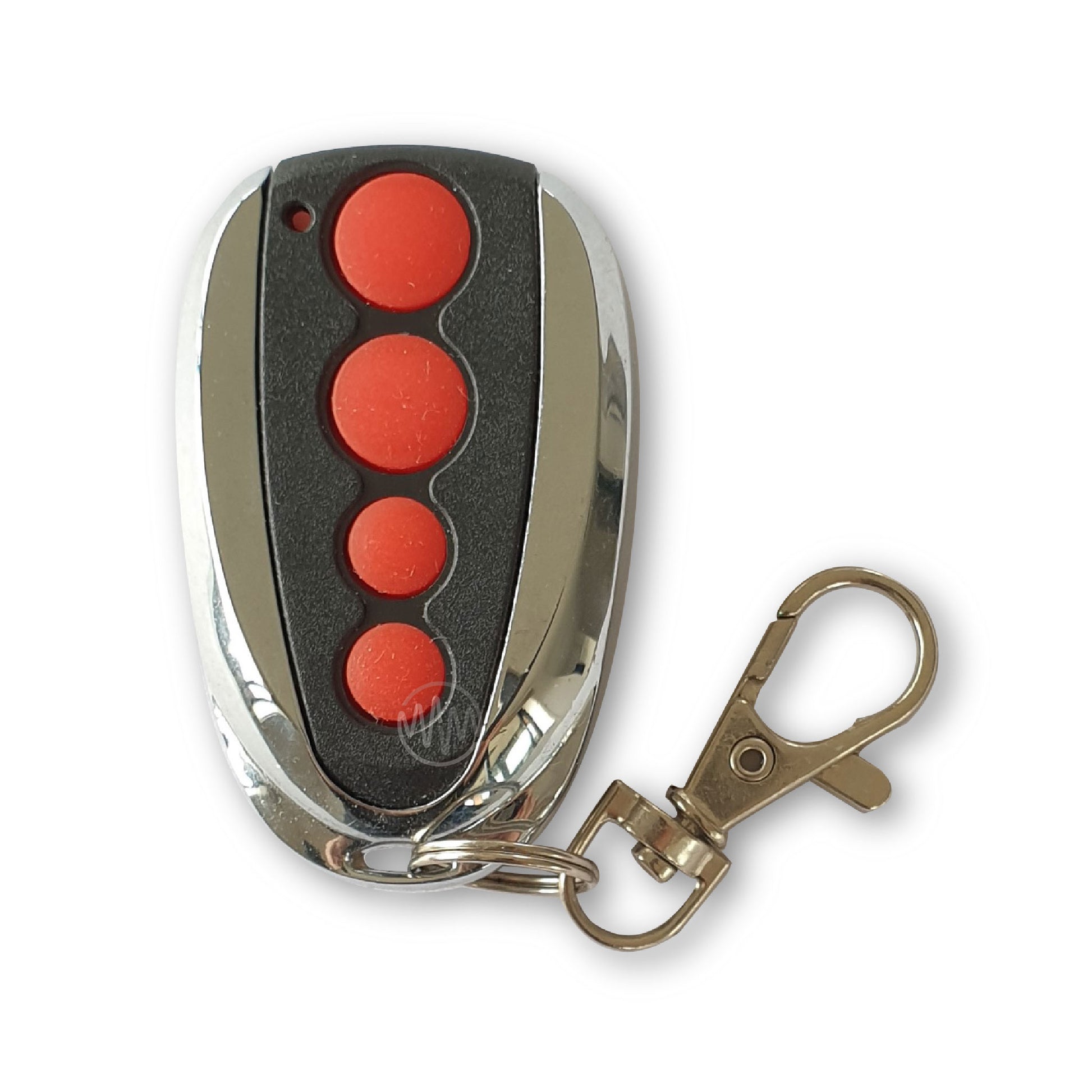 ACDC garage door remote with 4 red buttons, black face & silver metal body