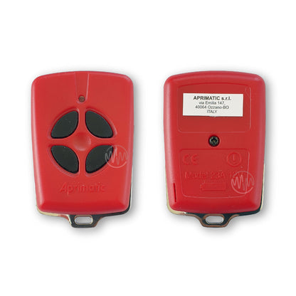 Aprimatic TM4 small bright red remote with4 black buttons arranged in a circle front & back view