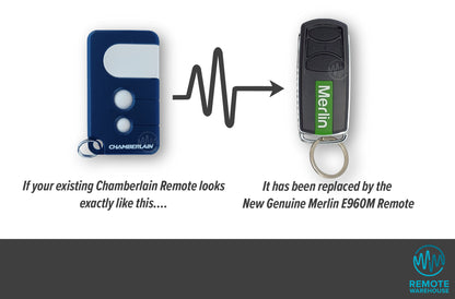 Chamberlain dark blue with 3 white buttons remote is replaced with Merlin E960M thin long rectangle Black remote