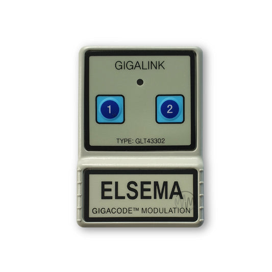 Large beige rectangle Gigalink GLT43302 remote with 2 raised blue numbered buttons