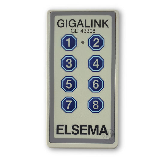 Large beige rectangle Gigalink GLT43308 remote with 8 blue octogon numbered buttons 