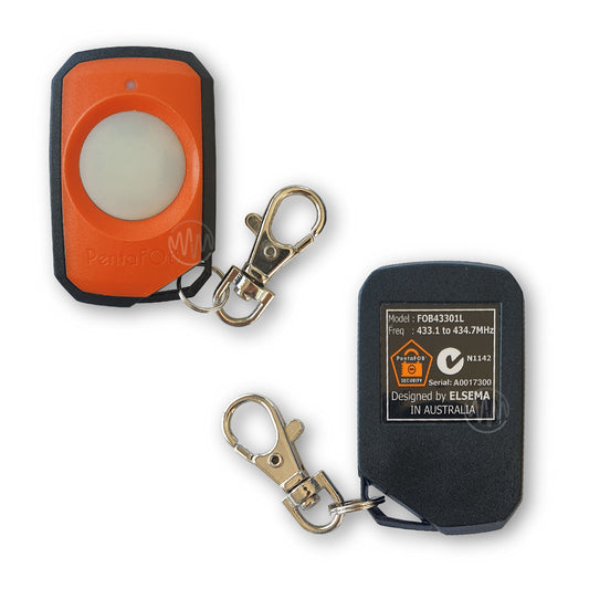 Orange Pentafob FOB43301L remote with 1 large white rubber button front & back view