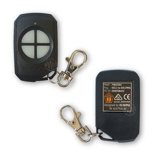 Black Pentafob FOB43304 remote with 4 segmented white rubber buttons front & back view