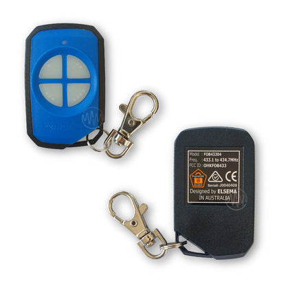 Blue Pentafob FOB43304 remote with 4 segmented white rubber buttons front & back view