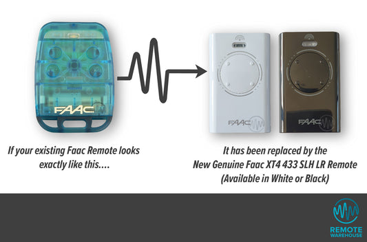 Faac blue TE4433H gate remote replaced by smaller rectangle white or black 4 button Faac XT4 433 SLH LR gate remotes