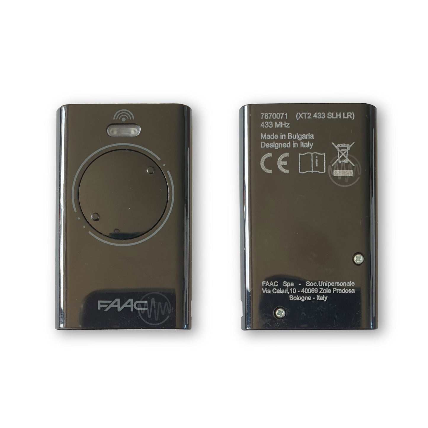 Front & back of Faac black XT2 433 SLH LR 2 button gate remote 