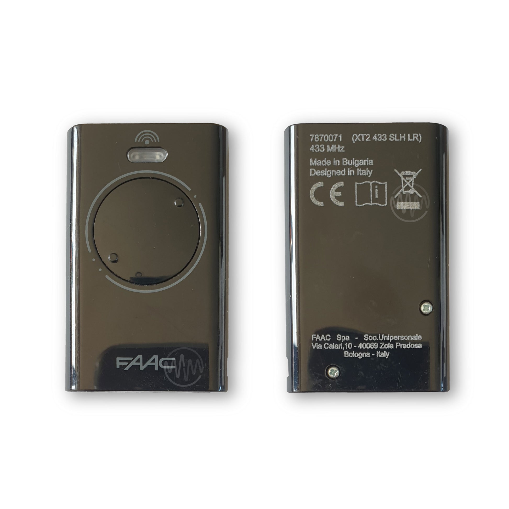 Front & back of Faac black XT2 433 SLH LR 2 button gate remote 