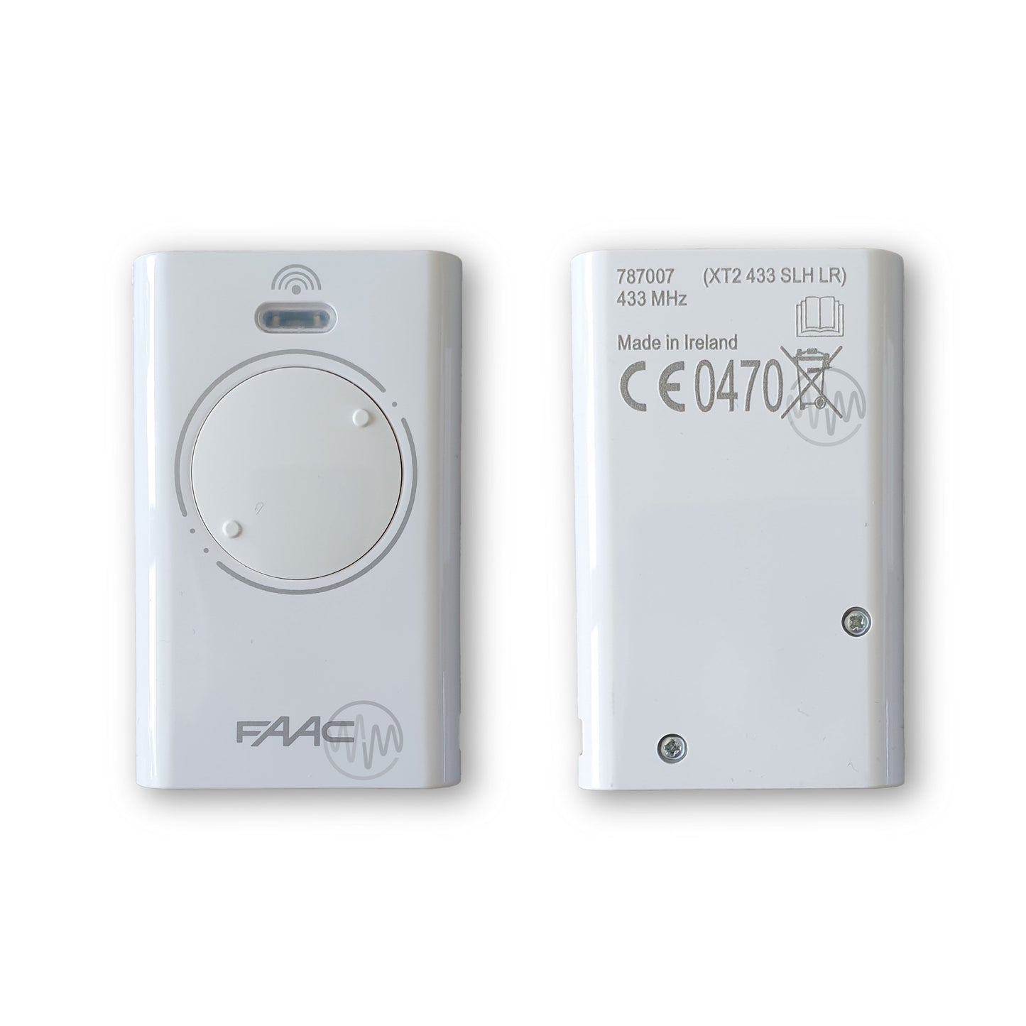 Front & back of Faac white XT2 433 SLH LR 2 button gate remote 