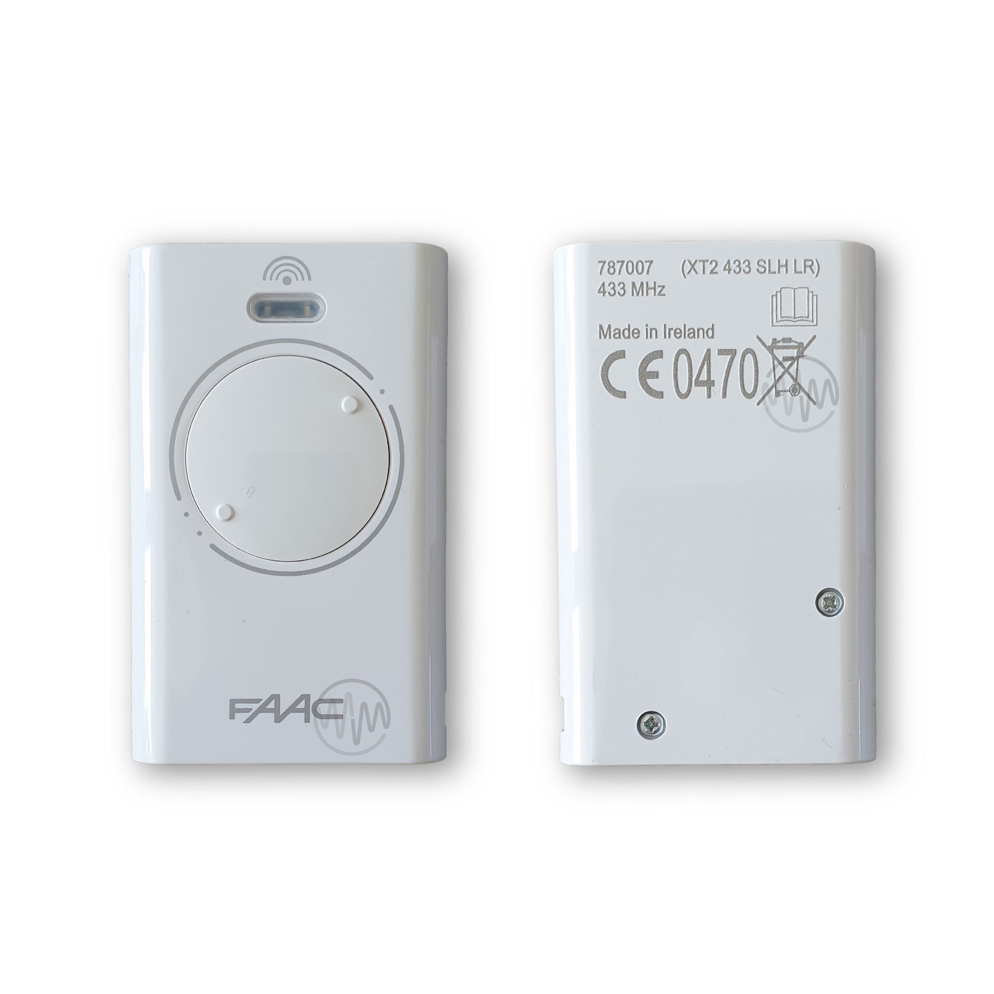 Front & back of Faac white XT2 433 SLH LR 2 button gate remote 