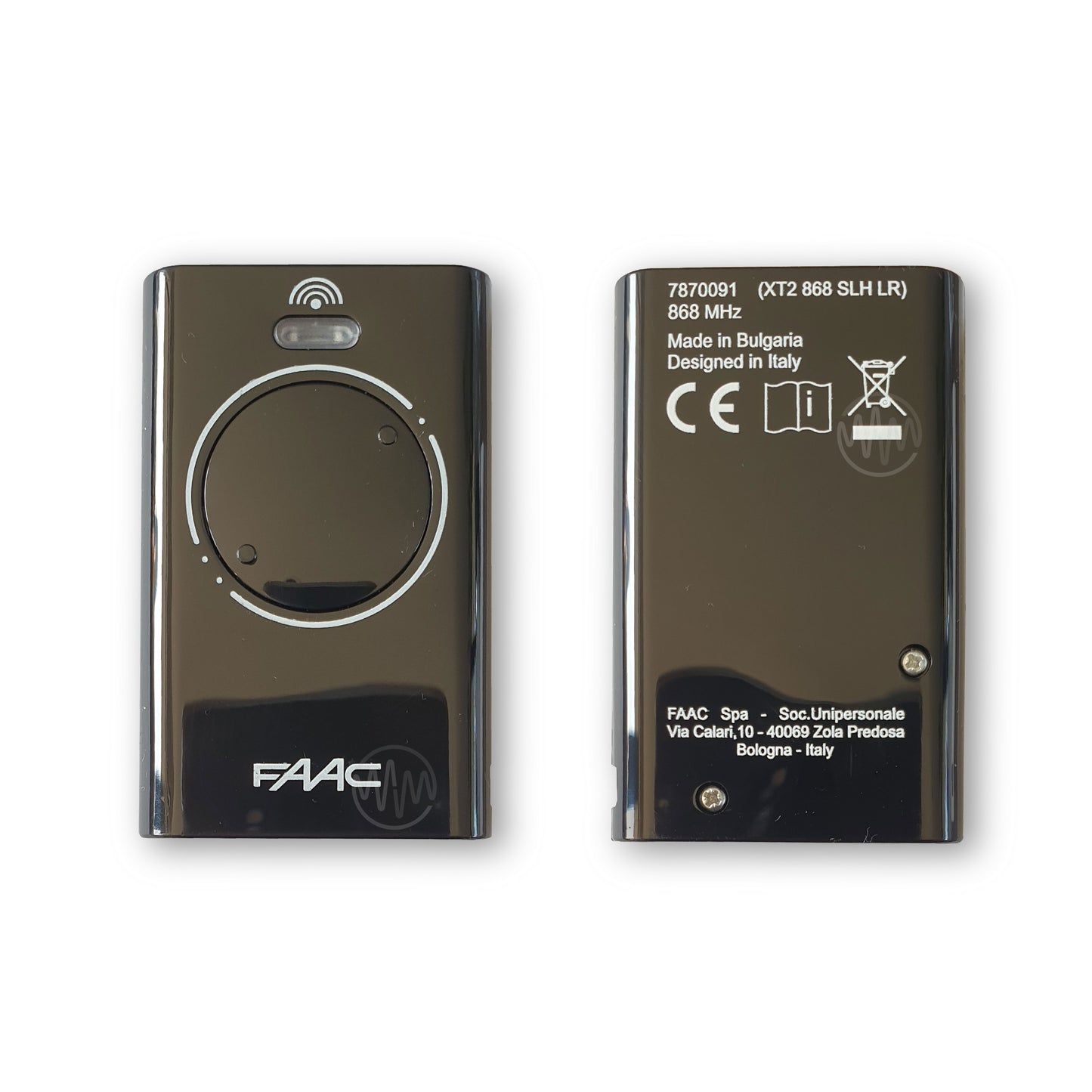 Front & back of Faac black XT2 868 SLH LR 2 button gate remote 