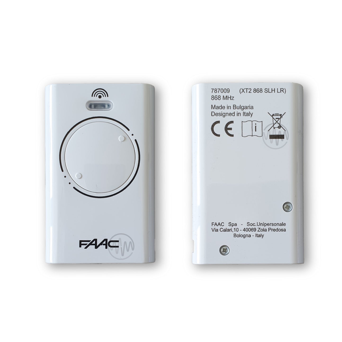 Front & back of Faac white XT2 868 SLH LR 2 button gate remote 