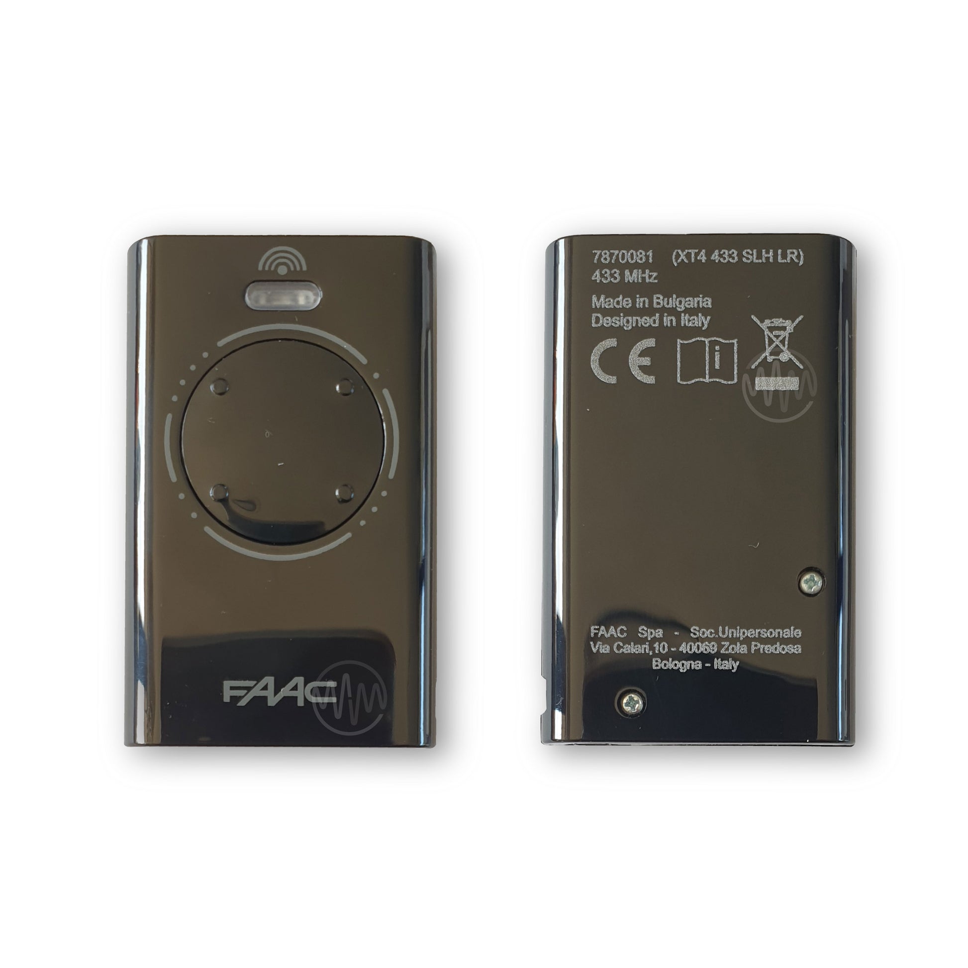 Front & back of Faac black XT4 433 SLH LR 4 button gate remote 