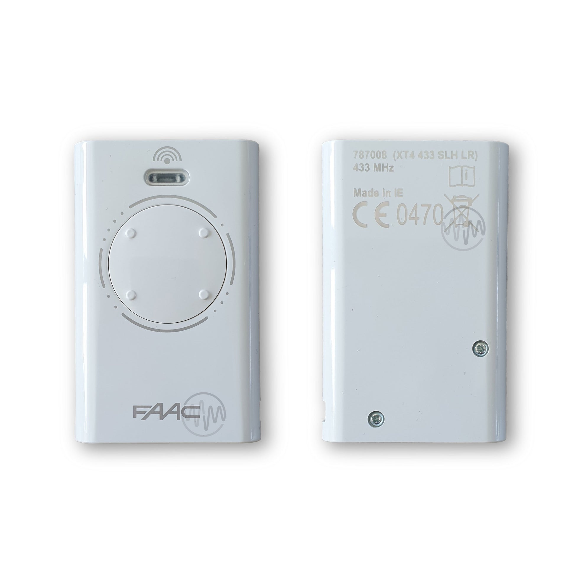 Front & back of Faac white XT4 433 SLH LR 4 button gate remote 
