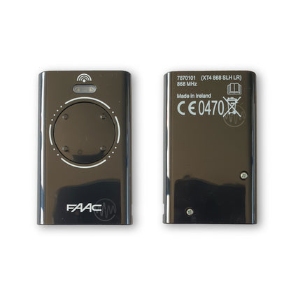 Front & back of Faac black XT4 868 SLH LR 4 button gate remote 