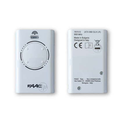 Front & back of Faac white XT4 868 SLH LR 4 button gate remote 