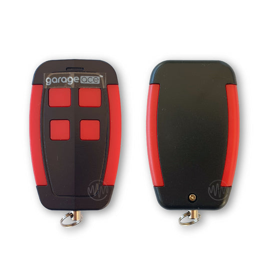 Red & Black 4 button Garageace S6 garage door remote front & back view