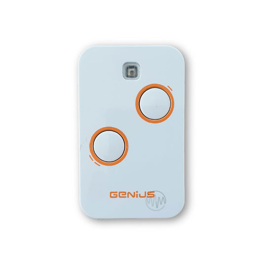 Genius Kilo TX2 JLC 433 white gate remote with 2 orange outline buttons