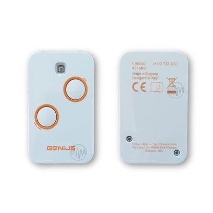 Front & back of Genius white Kilo TX2 JLC 2 button gate remote 