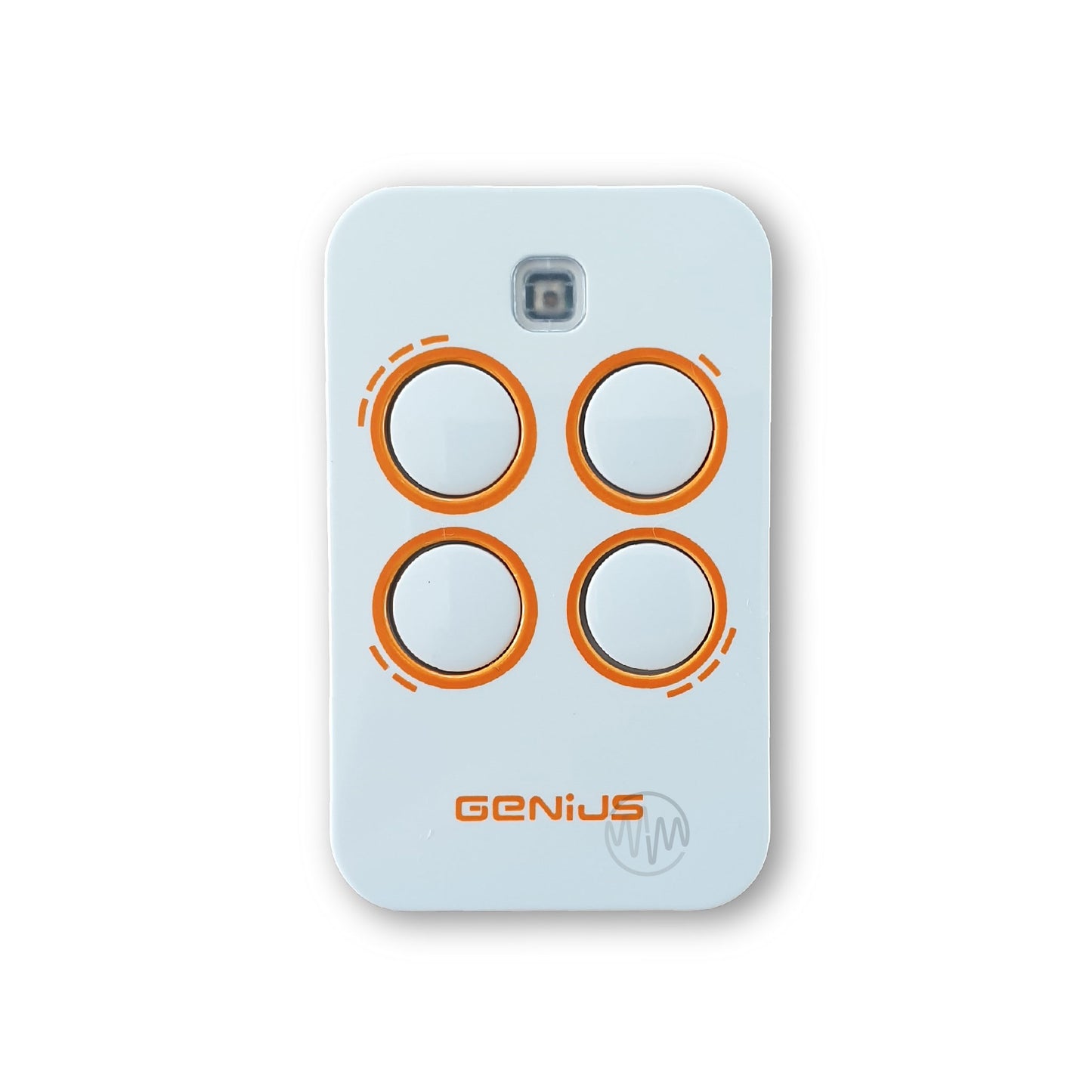 Genius Kilo TX4 JLC 433 white gate remote with 4 orange outline buttons