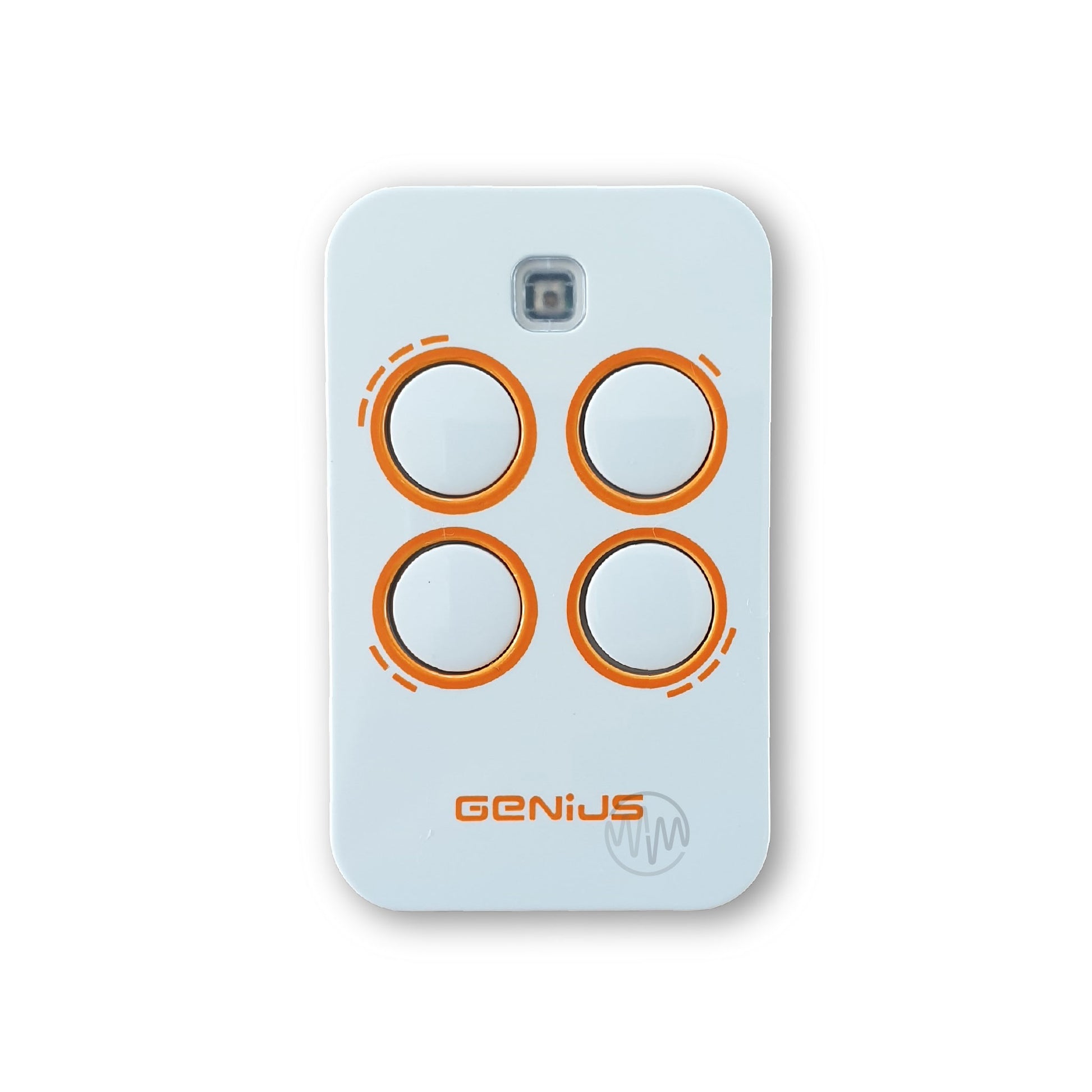 Genius Kilo TX4 JLC 433 white gate remote with 4 orange outline buttons