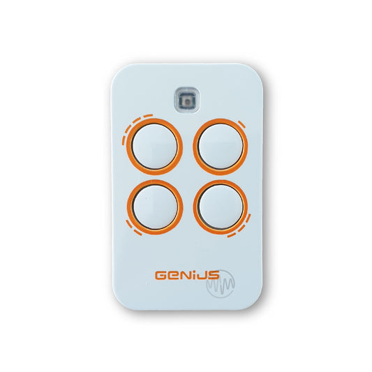 Genius Kilo TX4 JLC 433 white gate remote with 4 orange outline buttons