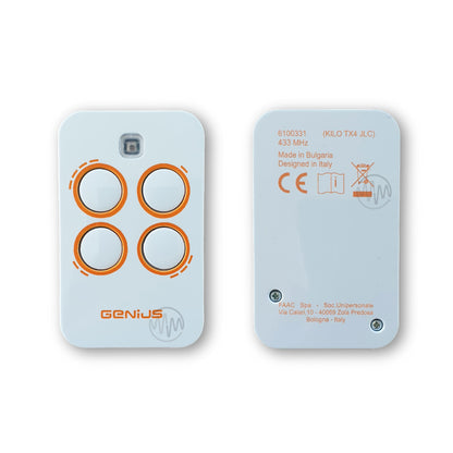 Front & back of Genius white Kilo TX4 JLC 4 button gate remote 