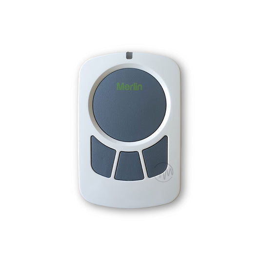 Genuine Merlin E148M small white rounded edge rectangle wireless wall button with 1 large round grey button & 3 smaller grey buttons underneath.