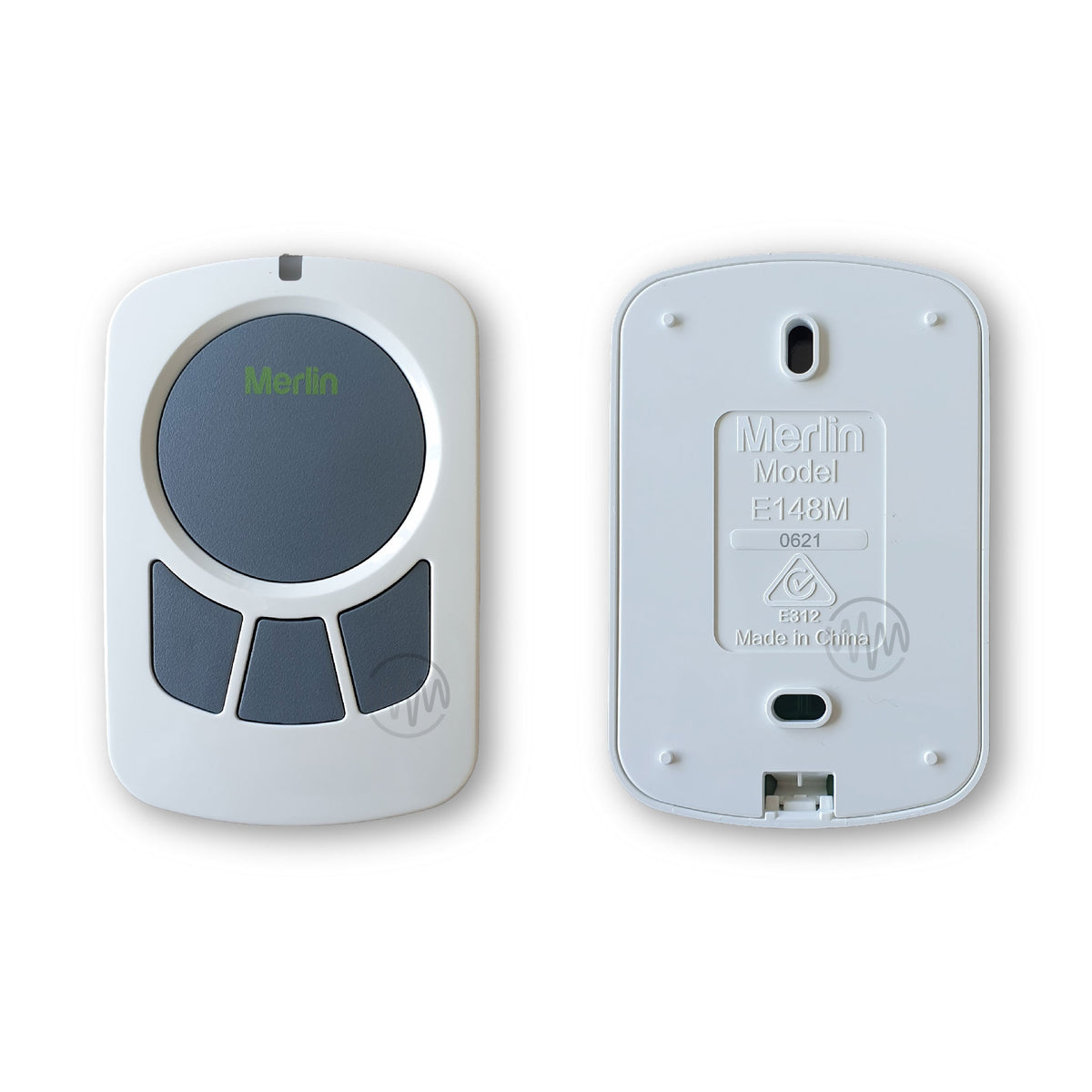 Front & Back of Genuine Merlin E148M small white rounded edge rectangle wireless wall button with 1 large round grey button & 3 smaller grey buttons underneath.