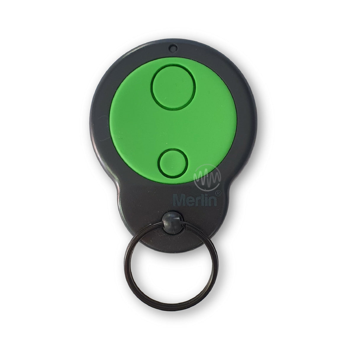 Genuine Merlin M842RS black key ring garage door remote with big green circle face with 2 small green circle buttons inside it.