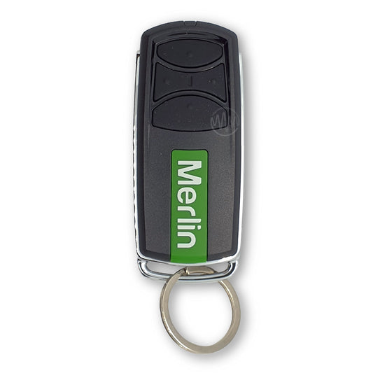 Genuine Merlin E960M Black with chrome edges garage door & gate remote with 4 black rubber buttons & Merlin branding positioned vertically down the front at base