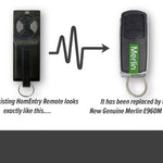 Black thin rectangle Homentry remote replaced with Merlin E960M long thin rectangle remote